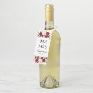 Mr. and Mrs. Burgundy Floral Watercolor Wedding Bottle Hanger Tag