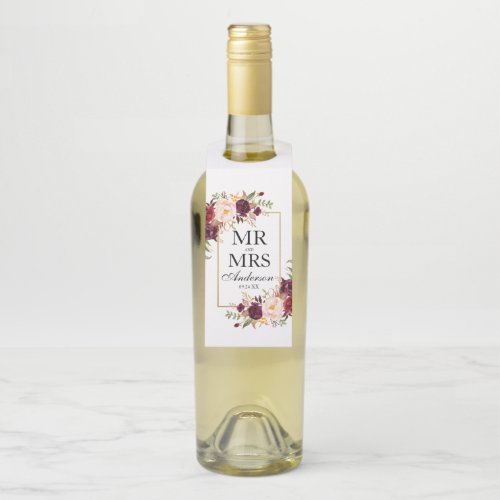 Mr and Mrs Burgundy Floral Wedding Bottle Hanger Tag