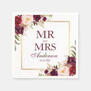 Mr. and Mrs. Burgundy Floral Wedding Napkins