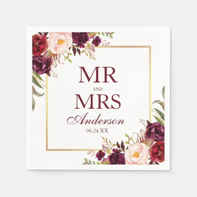 Mr. and Mrs. Burgundy Floral Wedding Napkins (Front)