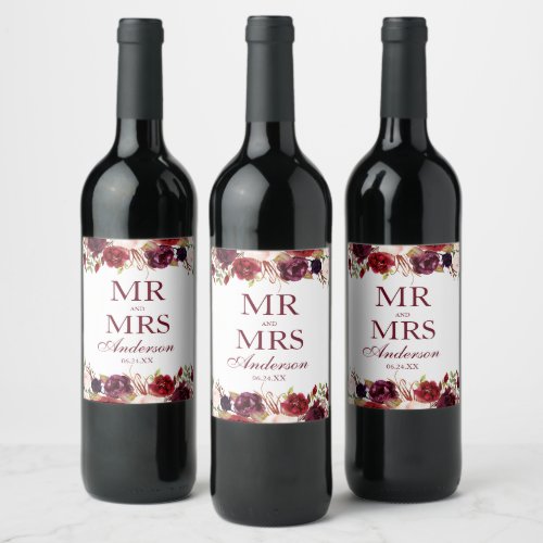 Mr and Mrs Burgundy Floral Wedding Wine Label
