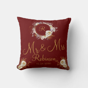 Mr and Mrs Burgundy Gold Floral Monogram Logo Throw Pillow