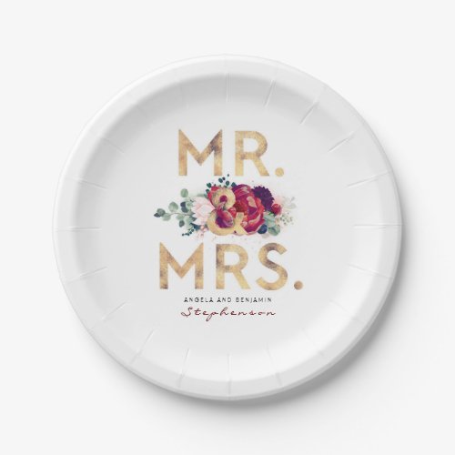 Mr and Mrs Burgundy Red and Gold Floral Typography Paper Plates