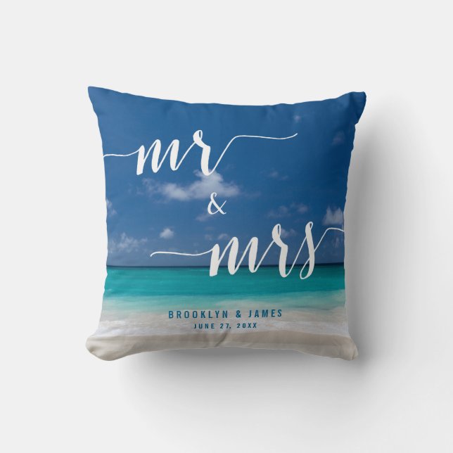 Mr. and Mrs. Calligraphy Beach Wedding Pillows (Front)