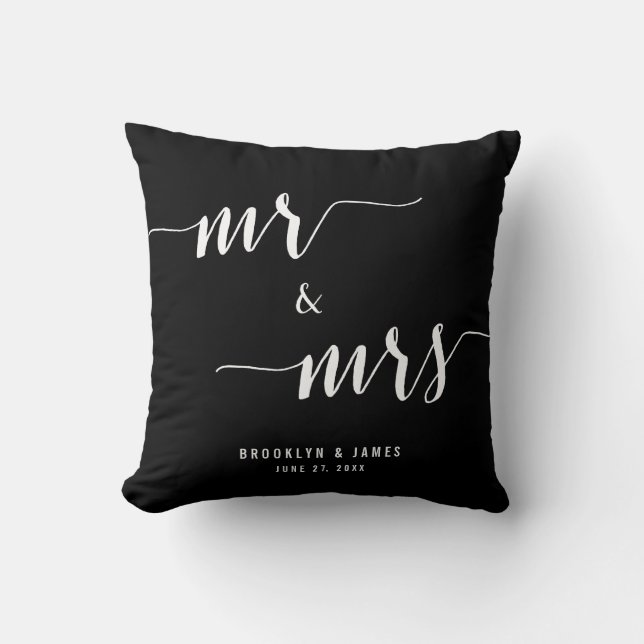 Mr. and Mrs. Calligraphy Black Wedding Pillows (Front)