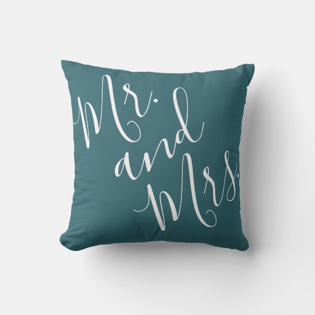 Mr. and Mrs. Calligraphy Peacock Blue (Teal, Aqua) Throw Pillow (Front)