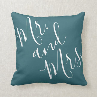 Mr. and Mrs. Calligraphy Peacock Blue (Teal, Aqua) Throw Pillow