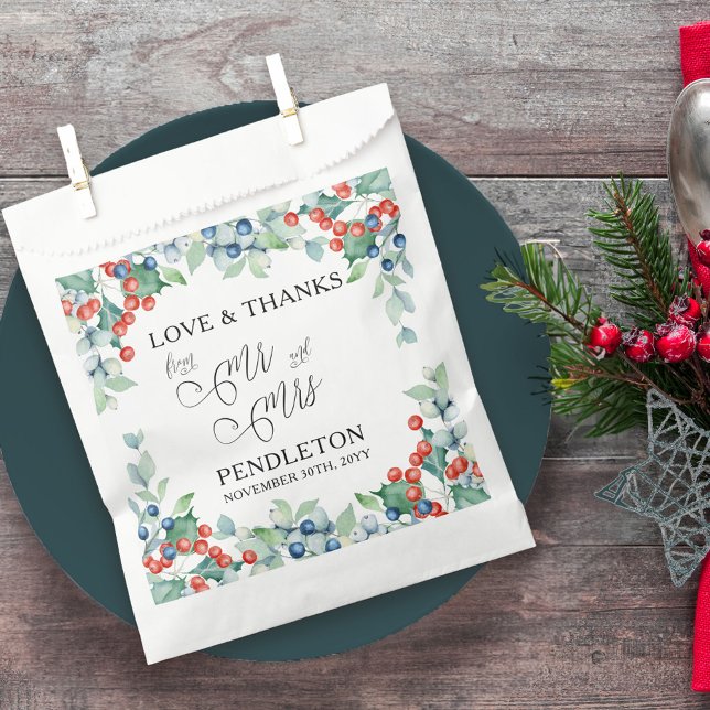 Mr and Mrs Calligraphy Winter Wedding Favor Bag (Mr and Mrs winter wedding favor bags with elegant calligraphy and holly)