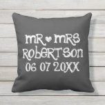 Mr and Mrs chalkboard wedding outdoor throw pillow<br><div class="desc">Custom Mr and Mrs black chalkboard wedding outdoor throw pillow. Personalized black chalk board pillow cushions for outside chair, sofa or bed. Fun vintage design with white heart, date of marriage and name of newly wed couple. Cute home decor personalized for bride and groom / husband and wife. Romantic rustic...</div>