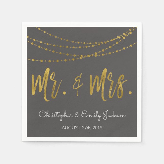 Mr. and Mrs.Charcoal and Gold Foil String Lights Napkins (Front)