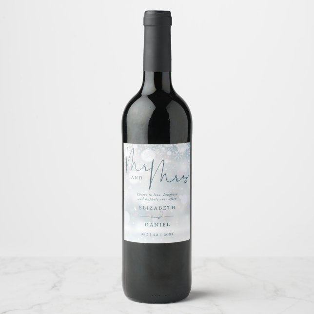 Mr And Mrs Cheers To Love Winter Wedding Wine Label (Front)