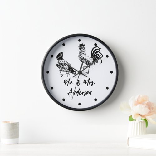 Mr and Mrs Chickens Rooster and Hen Chicken Farm Clock