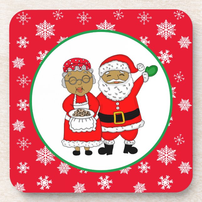 Mr and Mrs Claus, African-American Santa Christmas Beverage Coaster (Front)