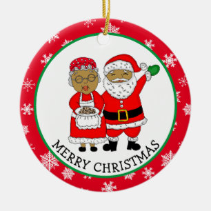 Mr and Mrs Claus, African-American Santa Christmas Ceramic Ornament