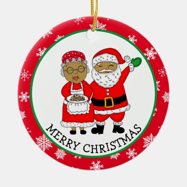 Mr and Mrs Claus, African-American Santa Christmas Ceramic Ornament (Front)