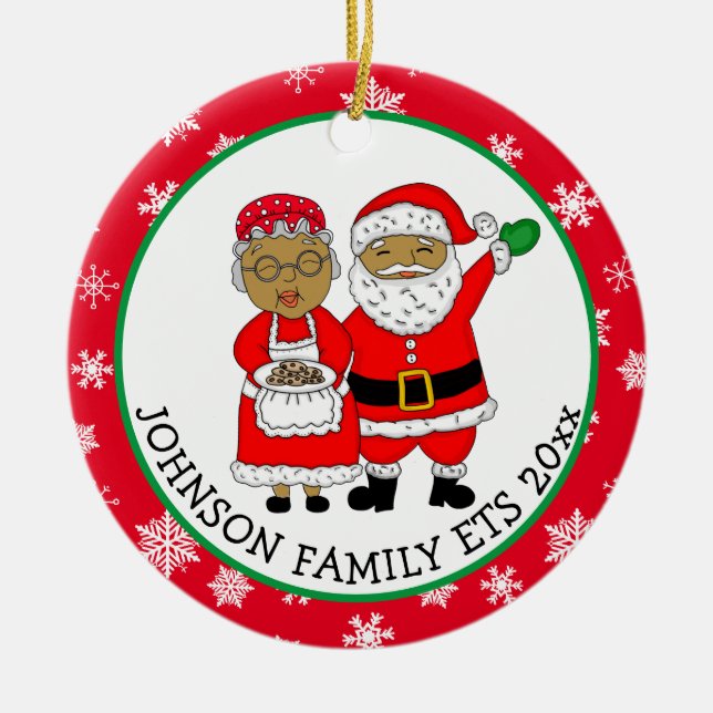 Mr and Mrs Claus, African-American Santa Christmas Ceramic Ornament (Front)