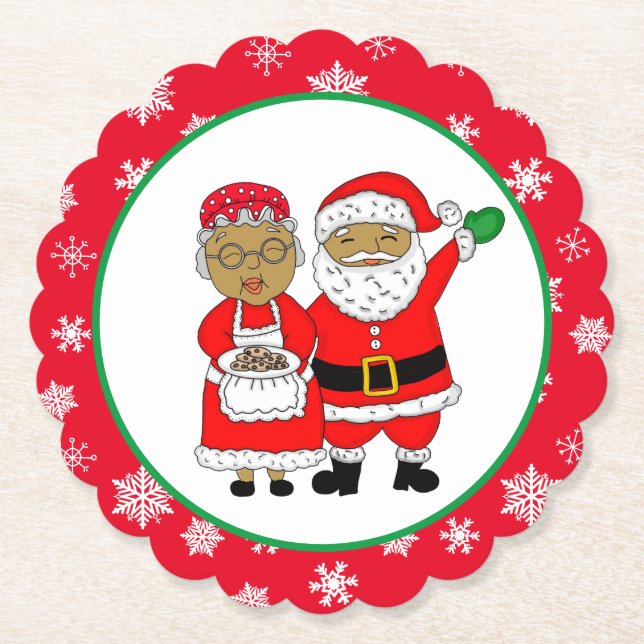 Mr and Mrs Claus, African-American Santa Christmas Paper Coaster (Front)