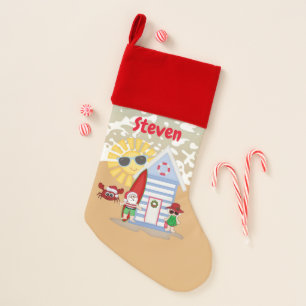 Mr. and Mrs. Claus at the beach add name stocking
