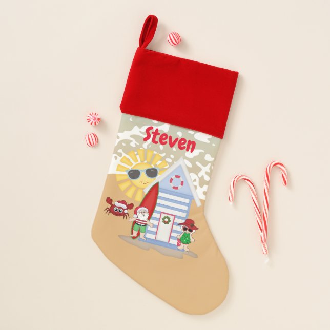 Mr. and Mrs. Claus at the beach add name stocking (Front)