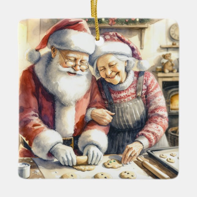 Mr and Mrs Claus Baking Cookies Custom Christmas Ceramic Ornament (Front)