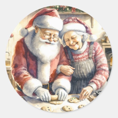 Mr and Mrs Claus Baking Cookies Custom Christmas Classic Round Sticker