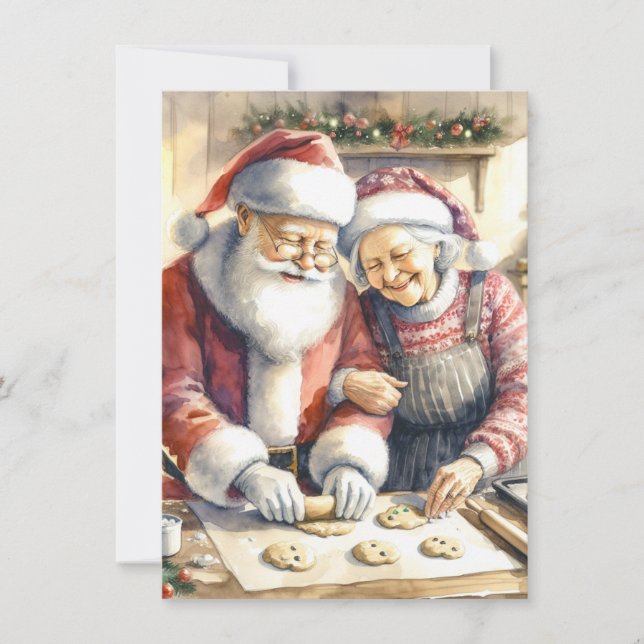 Mr and Mrs Claus Baking Cookies Custom Christmas Invitation (Front)