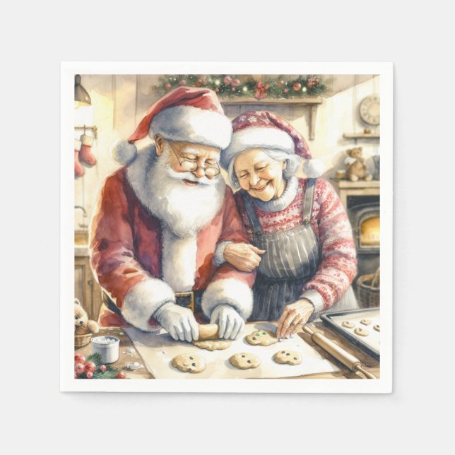 Mr and Mrs Claus Baking Cookies Custom Christmas Napkins (Front)