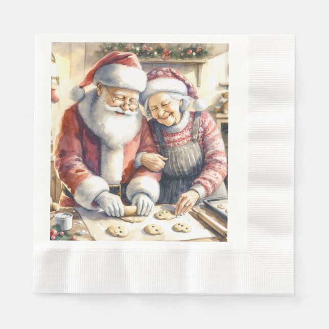 Mr and Mrs Claus Baking Cookies Custom Christmas Napkins (Front)