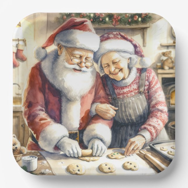 Mr and Mrs Claus Baking Cookies Custom Christmas Paper Plates (Front)