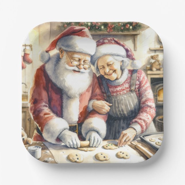 Mr and Mrs Claus Baking Cookies Custom Christmas Paper Plates (Front)