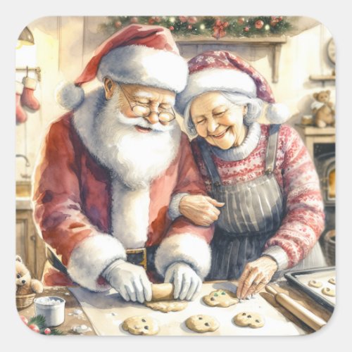 Mr and Mrs Claus Baking Cookies Custom Christmas Square Sticker