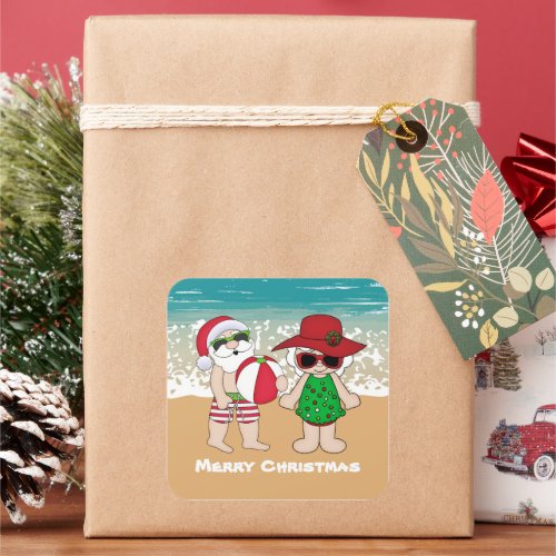 Mr and Mrs Claus Christmas Holiday beach Square Sticker