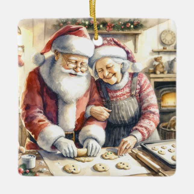 Mr and Mrs Clause Cute Christmas Personalized Ceramic Ornament (Front)