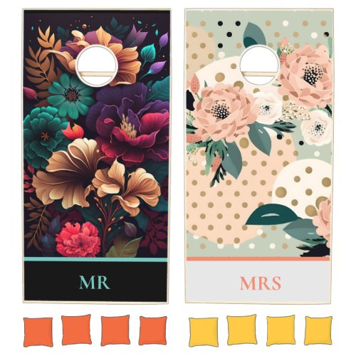 Mr and Mrs Colorful Flowers Personalized  Cornhole Set