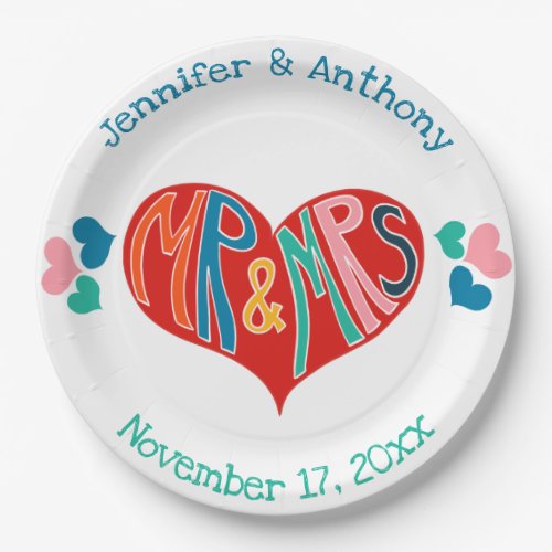 Mr and Mrs Colorful Heart Shape Wedding Paper Plates