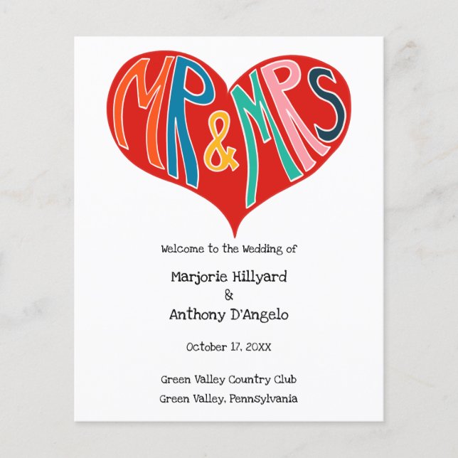 Mr and Mrs Colorful Heart Shape Wedding Program (Front)