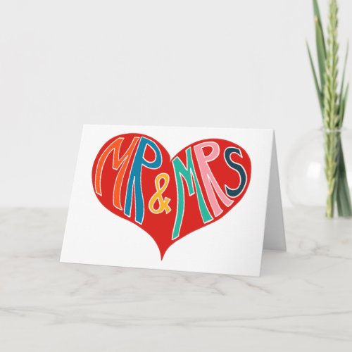 Mr and Mrs Colorful Red Heart Shape Wedding Card