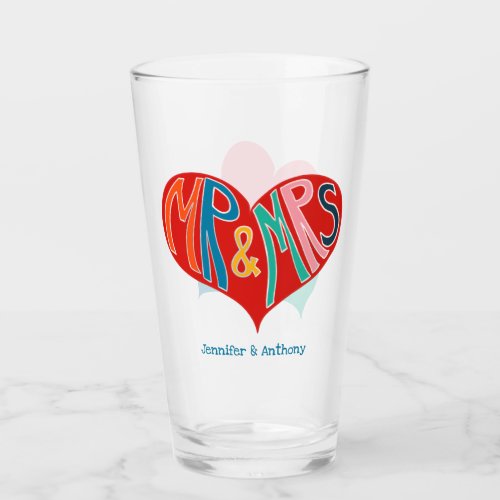 Mr and Mrs Colorful Red Heart Shape Wedding Glass