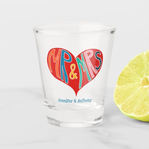 Mr and Mrs Colorful Red Heart Shape Wedding  Shot Glass