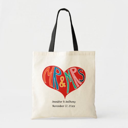 Mr and Mrs Colorful Red Heart Shape Wedding Tote Bag