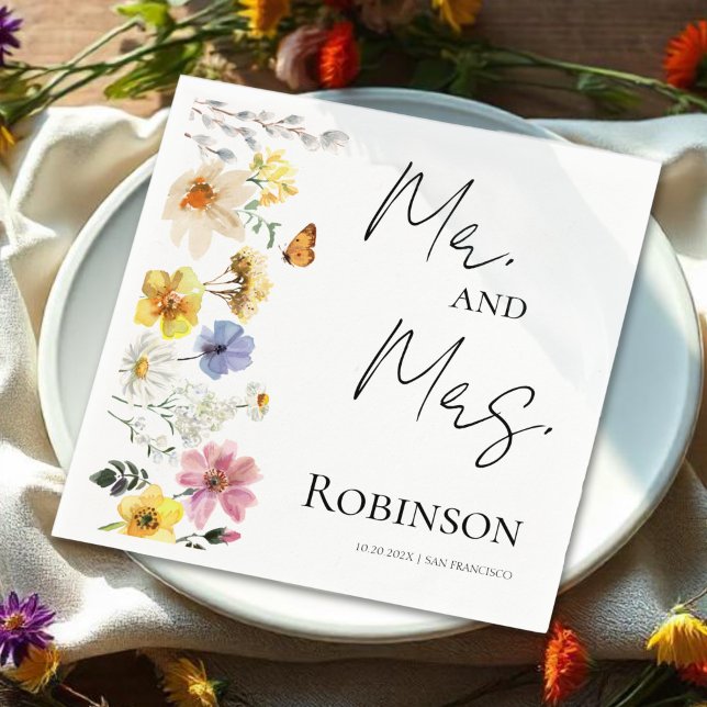 Mr. and Mrs. | Colorful Wildflower Boho Wedding Napkins (Creator Uploaded)