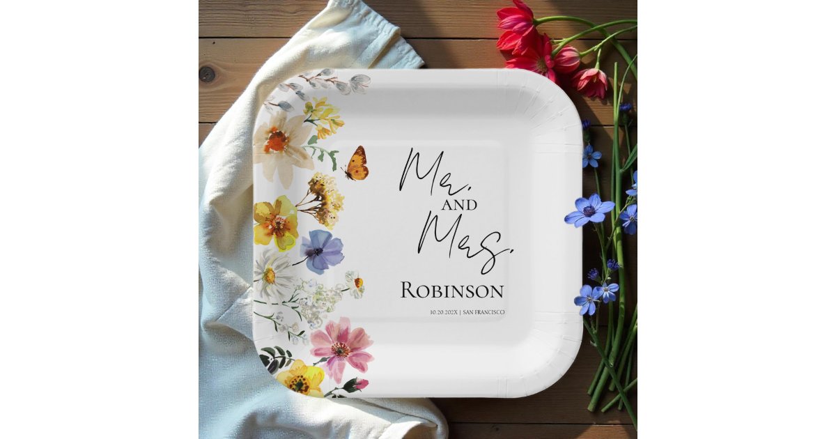 Mr. and Mrs. | Colorful Wildflower Boho Wedding Paper Plates | Zazzle