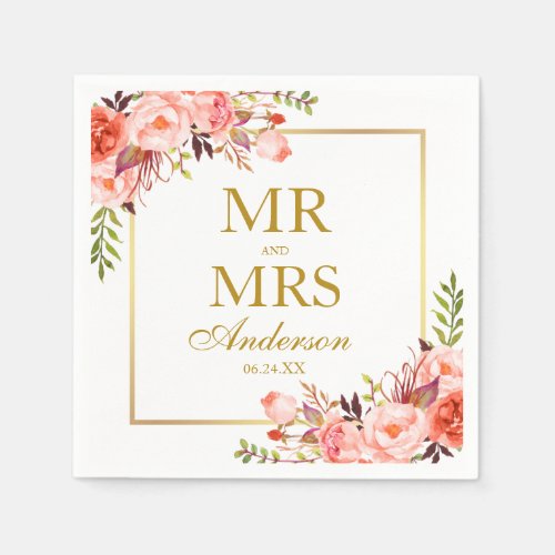 Mr and Mrs Coral Floral Gold Wedding Napkins