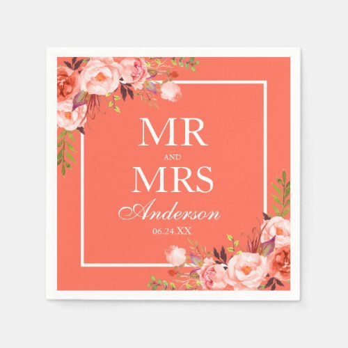 Mr and Mrs Coral Floral White Wedding Napkins