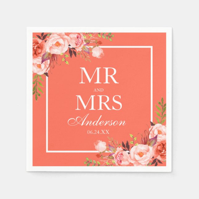 Mr. and Mrs. Coral Floral White Wedding Napkins (Front)