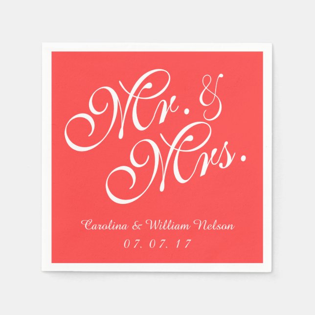 Mr. and Mrs. Coral Red Wedding Paper Napkins (Front)