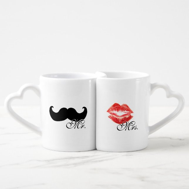 Mr and Mrs couples mug set (mustache & lips) (Front Nesting)