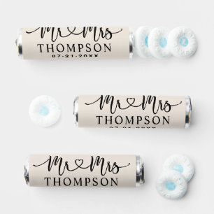 Mr and Mrs Cream Black Heart Script Custom Wedding Breath Savers® Mints