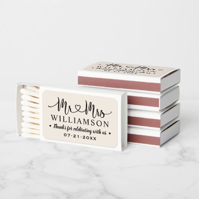 Mr and Mrs Cream Black Personalized Wedding Matchboxes (Stacked)