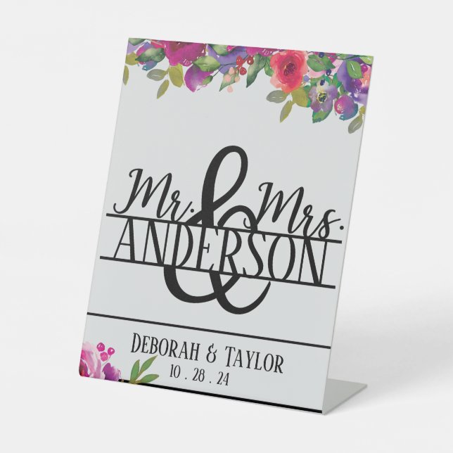 Mr and Mrs Custom Floral Wedding Custom Pedestal Sign (Front)